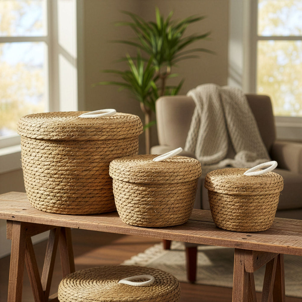 Seagrass & Cotton Round Baskets with Lids - Natural - Set of 3