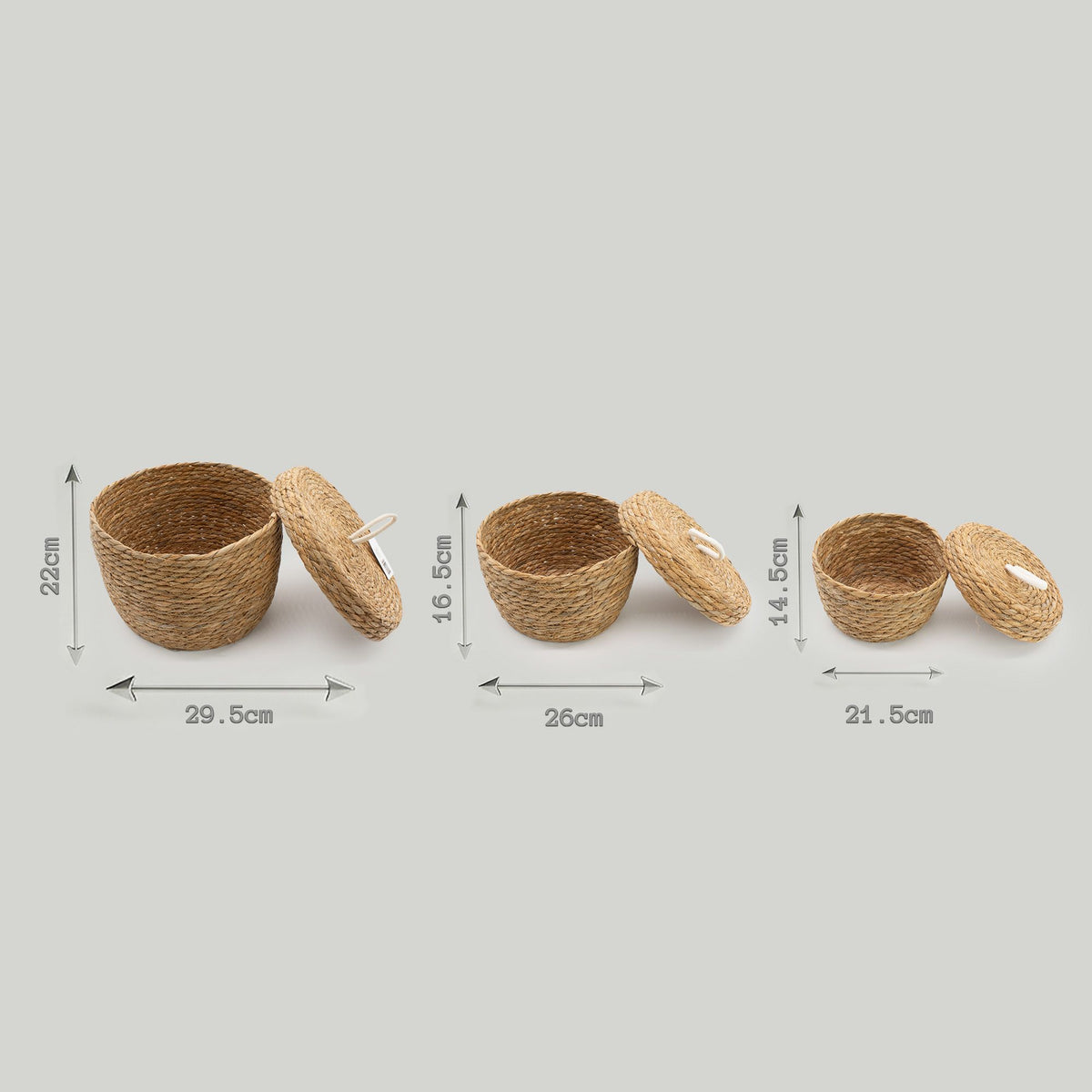 Seagrass & Cotton Round Baskets with Lids - Natural - Set of 3